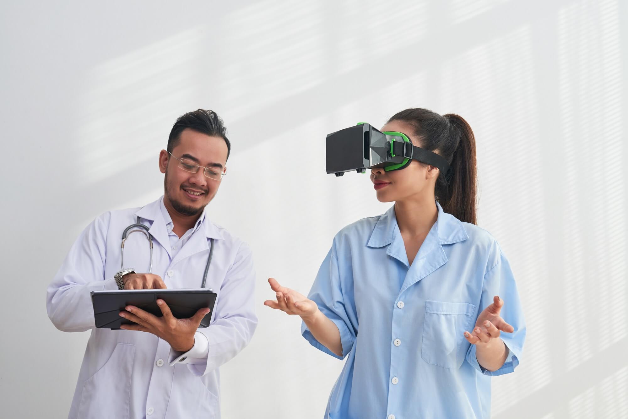 Smiling doctor controlling virtual reality application