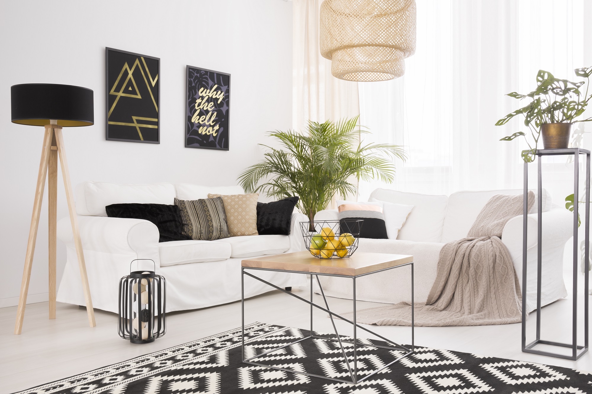 White modern living room with black decorations and patterned carpet