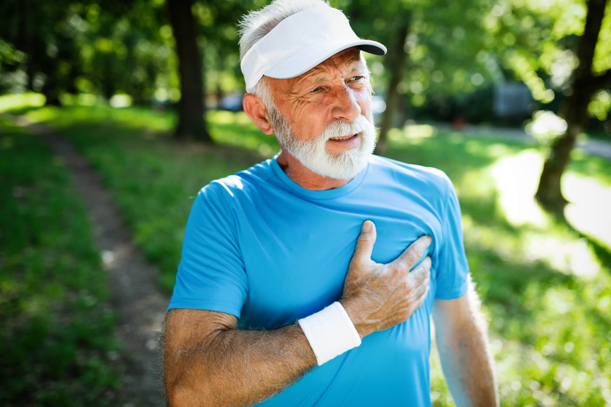 Senior man athlete have sore chest pain, struggling to breathe