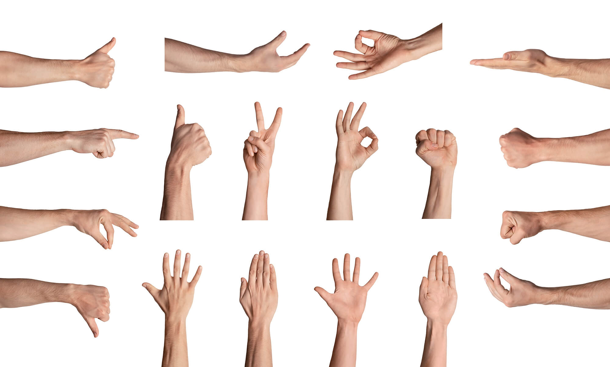 Collection of male hands gesturing different signs over white background, isolated. Collage