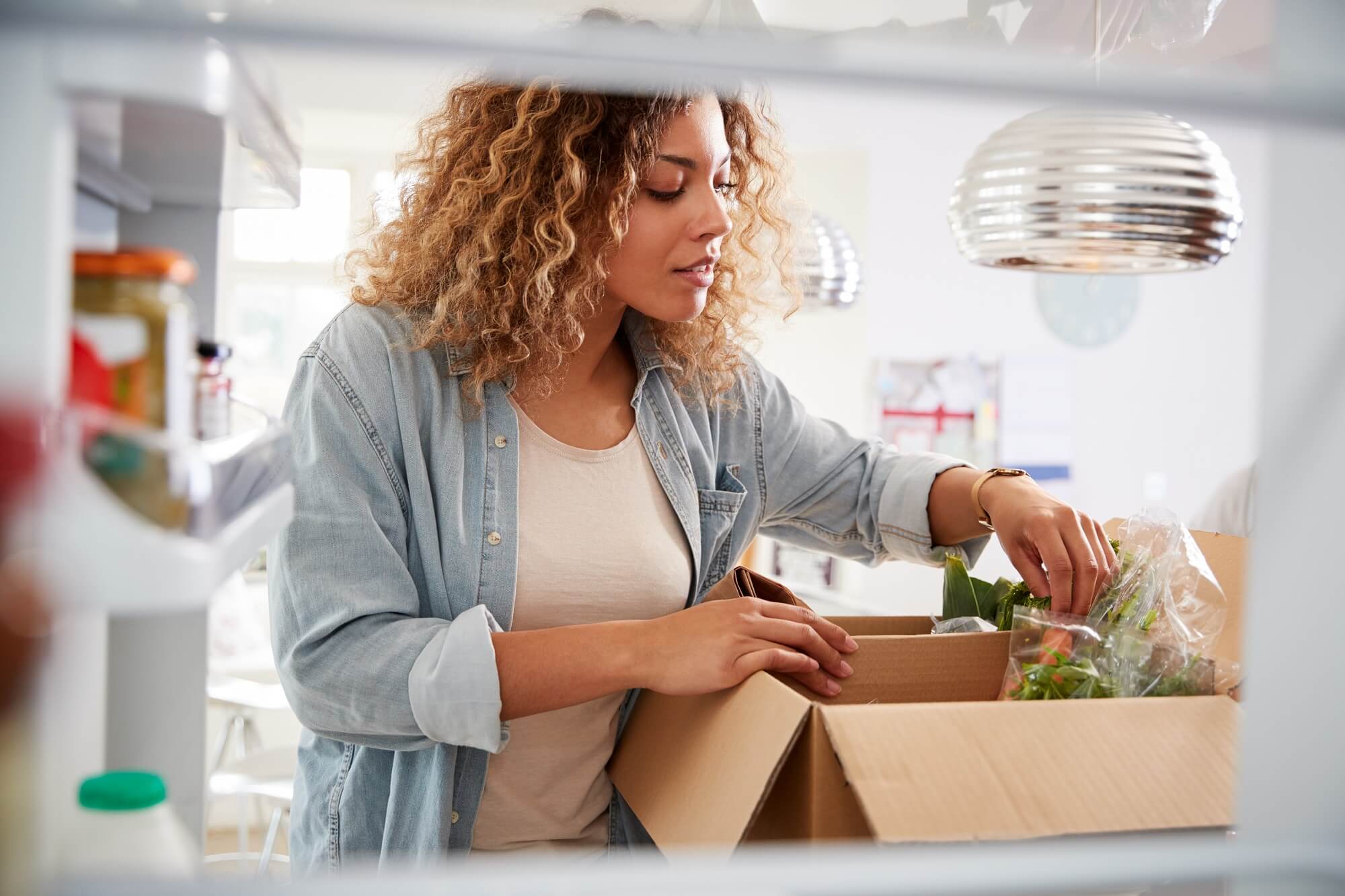 View Looking Out From Inside Of Refrigerator As Woman Unpacks Meal kit 