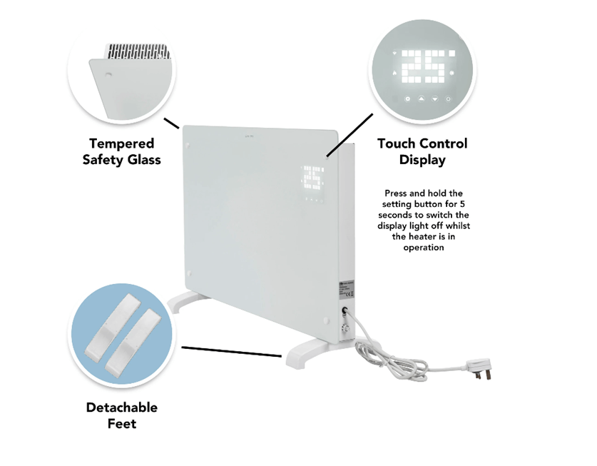 Devola Designer 2kW glass panel heater features